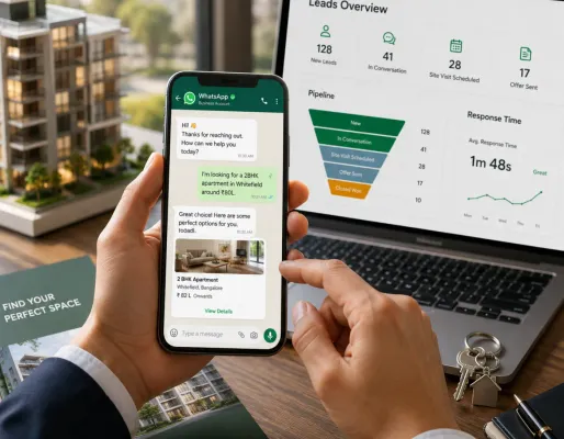 A real estate agent handling a WhatsApp Business property inquiry on their phone beside a laptop dashboard tracking lead pipeline stages and response times