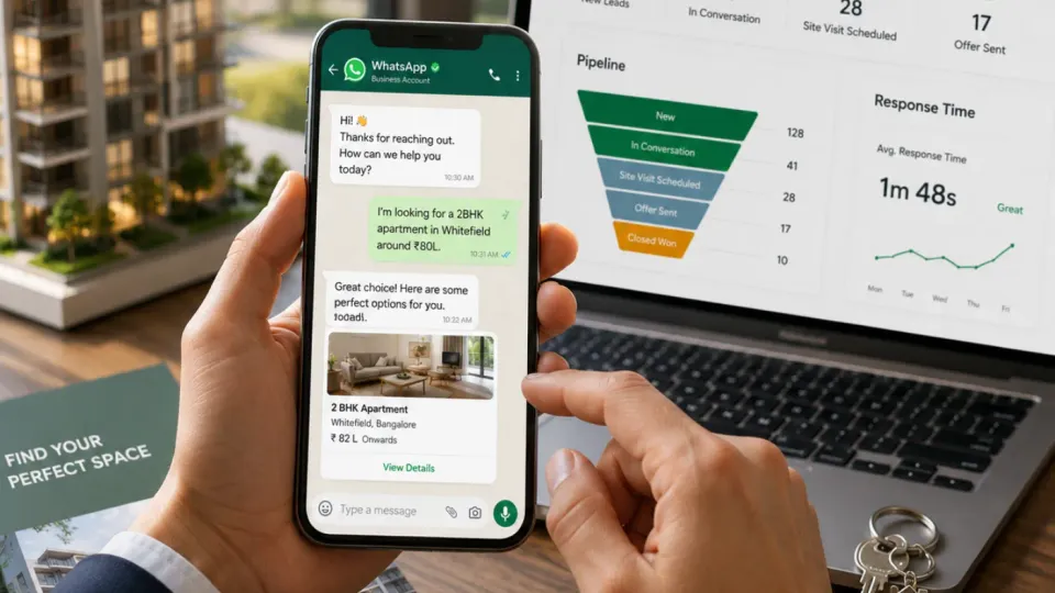 A real estate agent handling a WhatsApp Business property inquiry on their phone beside a laptop dashboard tracking lead pipeline stages and response times