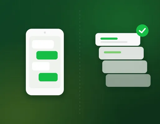 A single phone running the WhatsApp Business app beside a stack of API-connected message cards