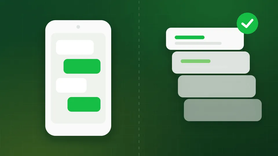 A single phone running the WhatsApp Business app beside a stack of API-connected message cards