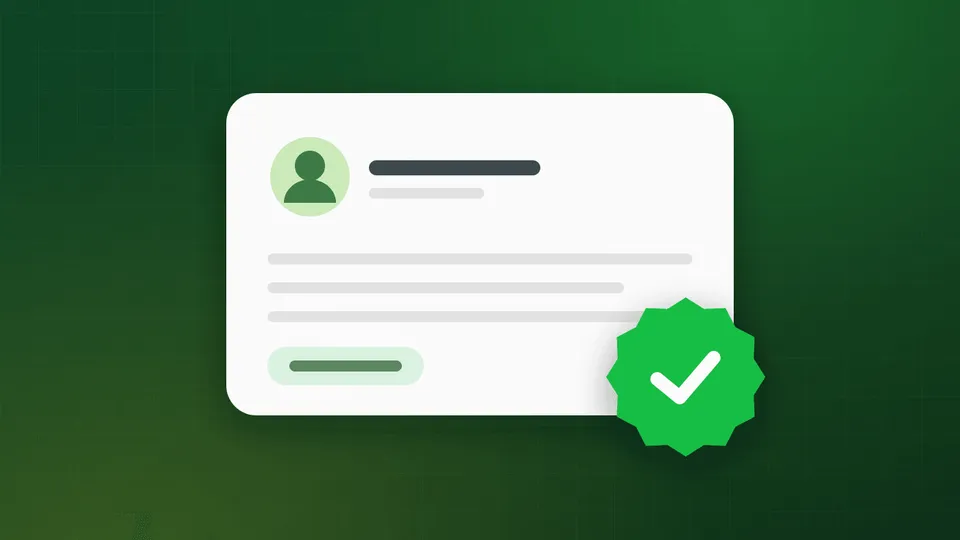 A verified business profile card with a badge showing a checkmark