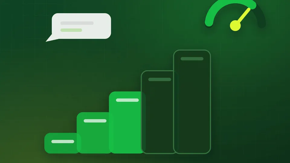 Rising staircase of messaging tiers beside a quality rating dial in the green