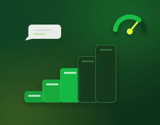 Rising staircase of messaging tiers beside a quality rating dial in the green